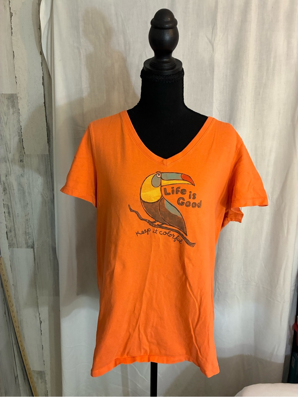 Life Is Good Orange V‑Neck Toucan Tee